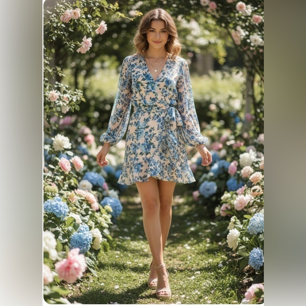 NWT Alexia Admor Blue and White Floral Long Sleeve Dress size 10